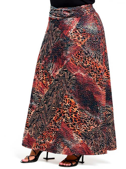 24seven Comfort Apparel Animal Patchwork Print Maxi Skirt In Brown
