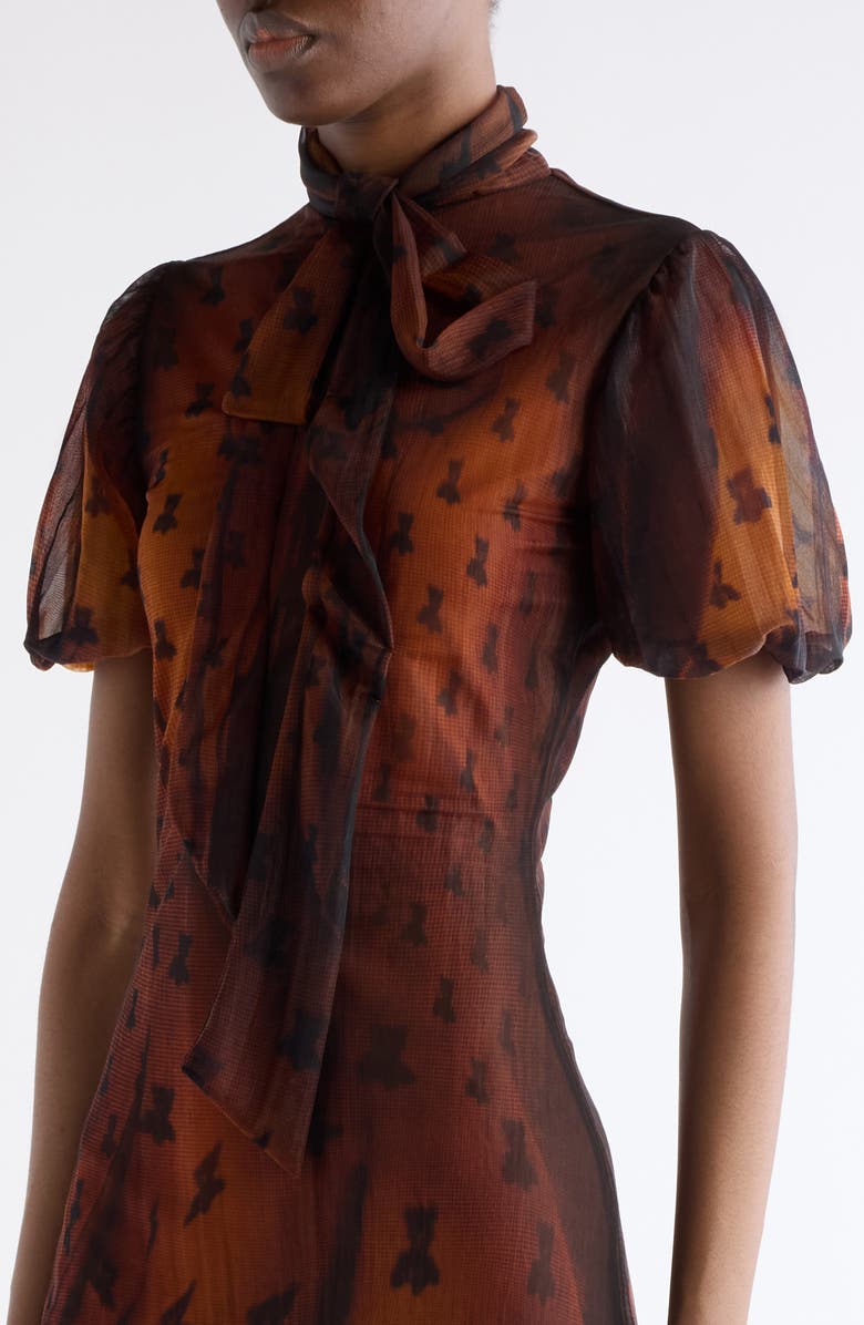 Acne Studios Emaija Teddy Print Puff Sleeve Mesh Dress, Alternate, color, Rust Brown