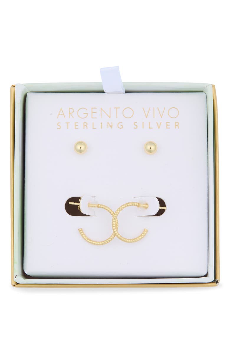 Argento Vivo Sterling Silver Set of 2 Ball Stud & Rope Huggie Hoop Earrings, Main, color, Gold