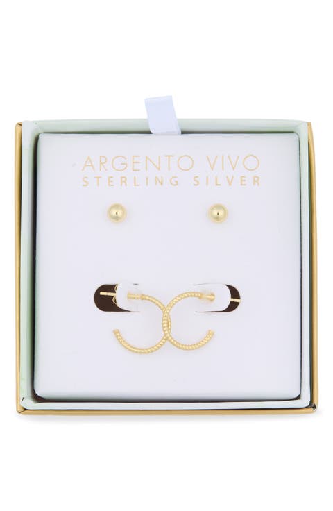 Set of 2 Ball Stud & Rope Huggie Hoop Earrings