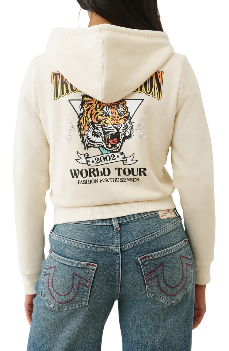 True Religion Tiger Shrunken Front Zip Crop Hoodie, Alternate, color, Winter White