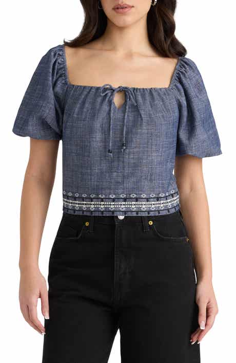 NVLT Embroidered Puff Sleeve Crop Top