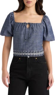 NVLT Embroidered Puff Sleeve Crop Top