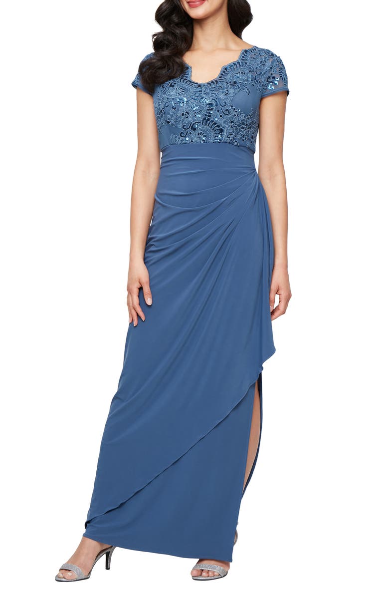 Alex Evenings Sequin Embroidered Ruched Gown, Main, color, Vintage Blue