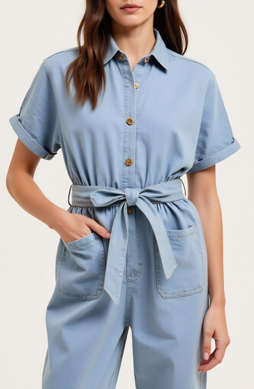 Modenaire Denim Jumpsuit With Tie Waist Rolled Cuffs And Button Front In Blue