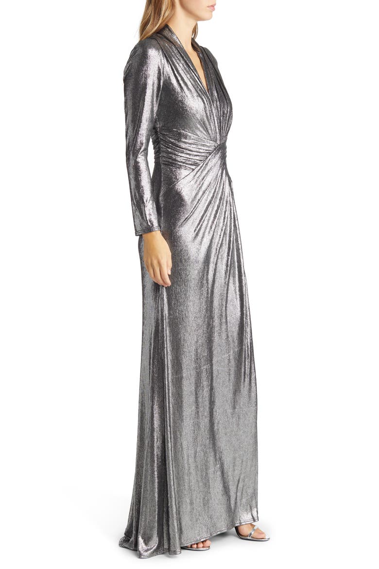 Draped Shimmer Long Sleeve Gown, Alternate, color, STEEL
