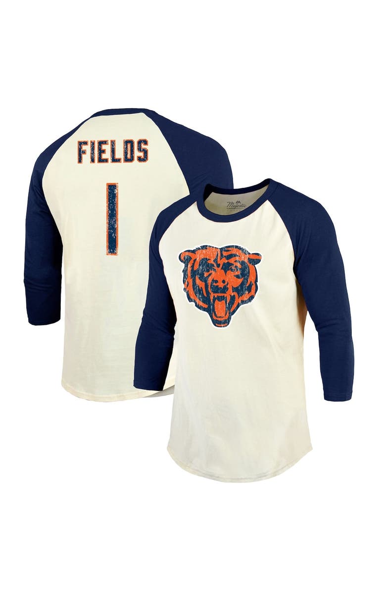 Majestic Threads Men's Majestic Threads Justin Fields Cream/Navy Chicago Bears Vintage Player Name & Number 3/4-Sleeve Fitted T-Shirt, Main, color, 
