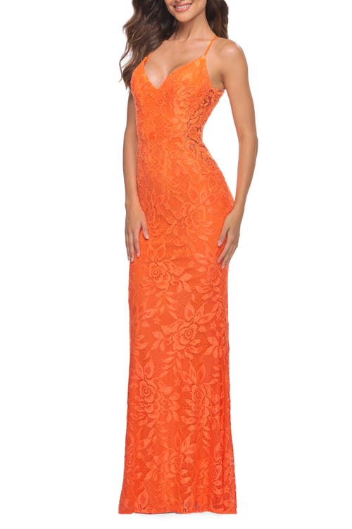 La Femme Open-back Stretch Lace Bustier Gown In Orange