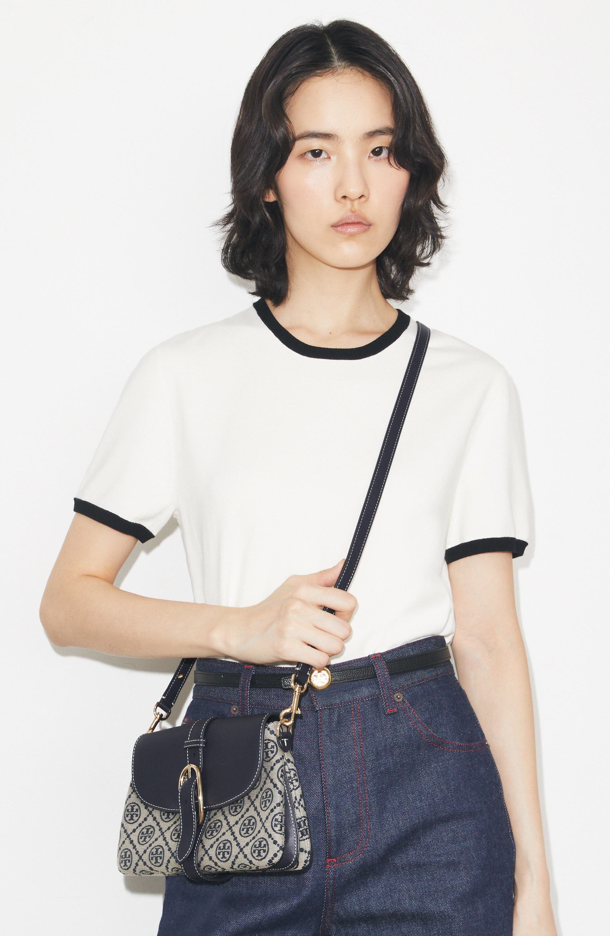 Tory Burch T Monogram Soft Jacquard & Leather Shoulder Bag, Alternate, color, Tory Navy