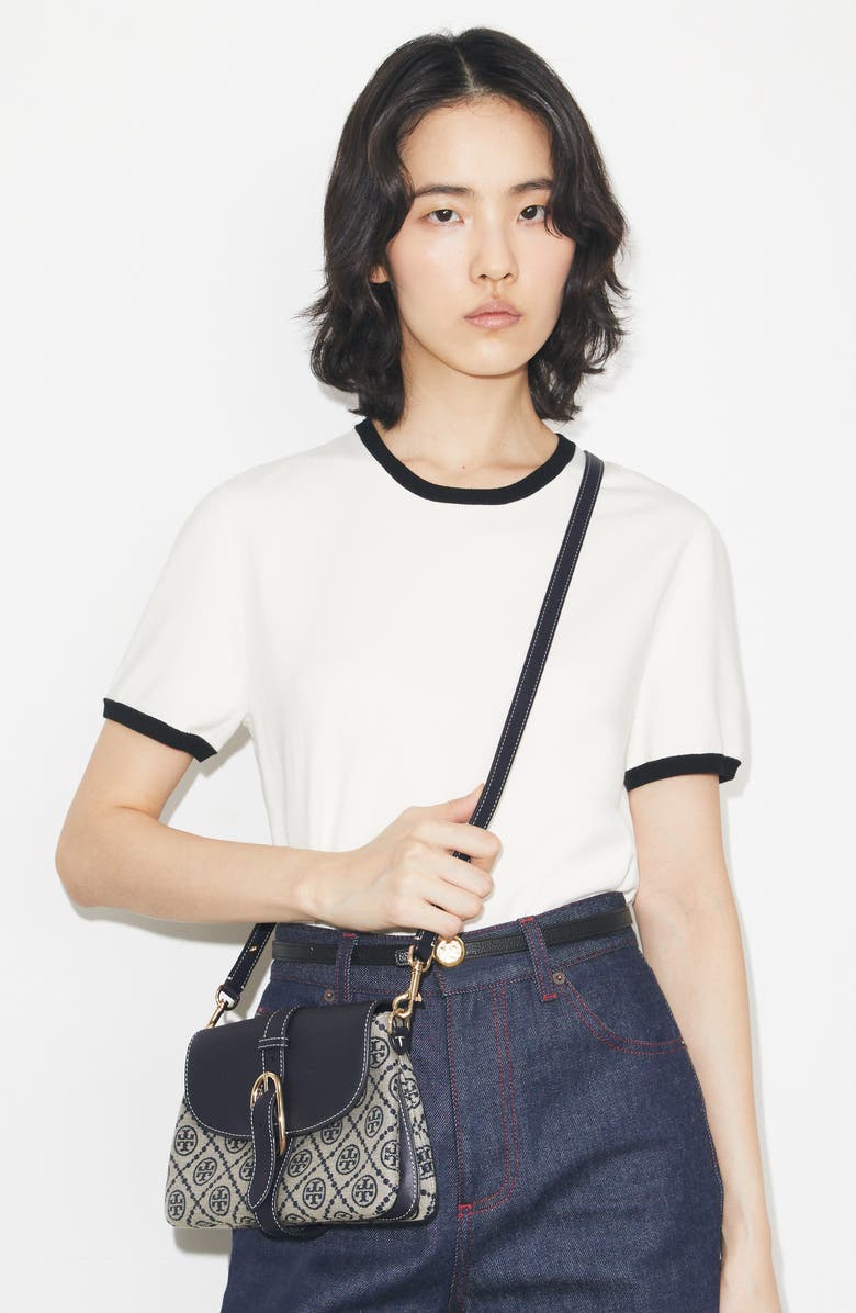 Tory Burch T Monogram Soft Jacquard & Leather Shoulder Bag, Alternate, color, Tory Navy