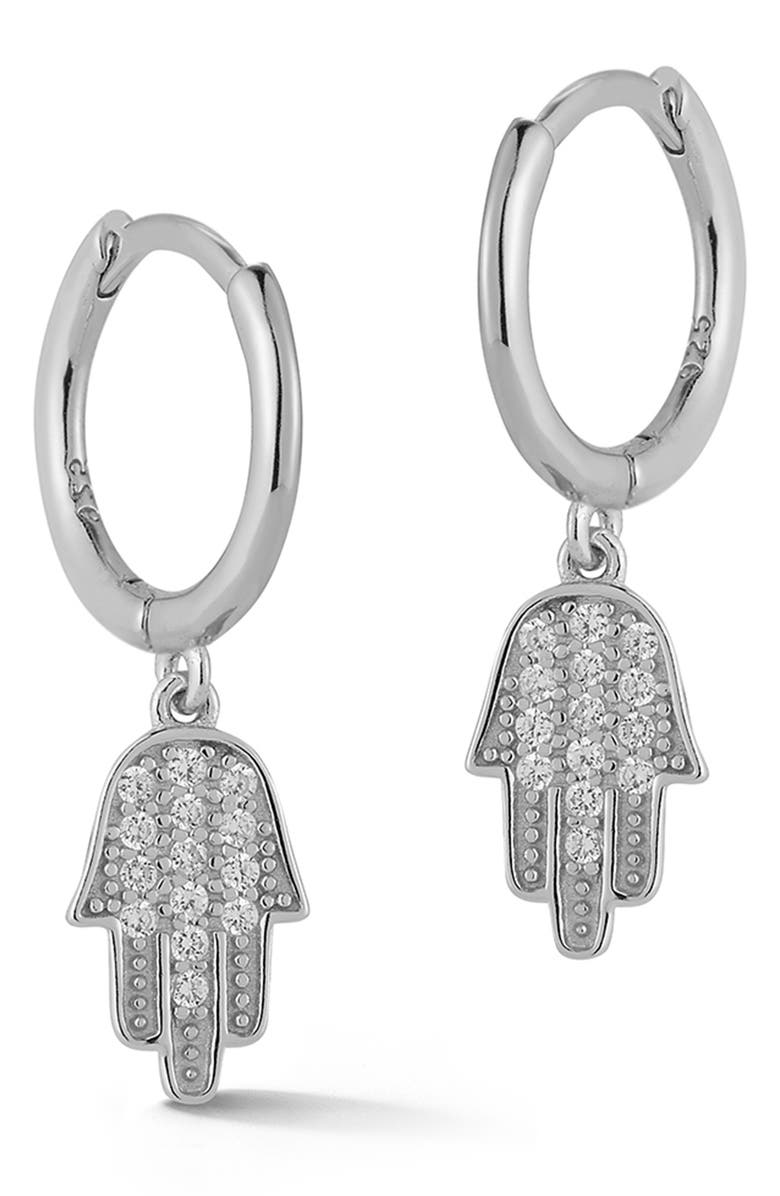 GLAZE JEWELRY Rhodium Plated Sterling Silver Pave CZ Hamsa Drop Huggie Earrings, Main, color, 