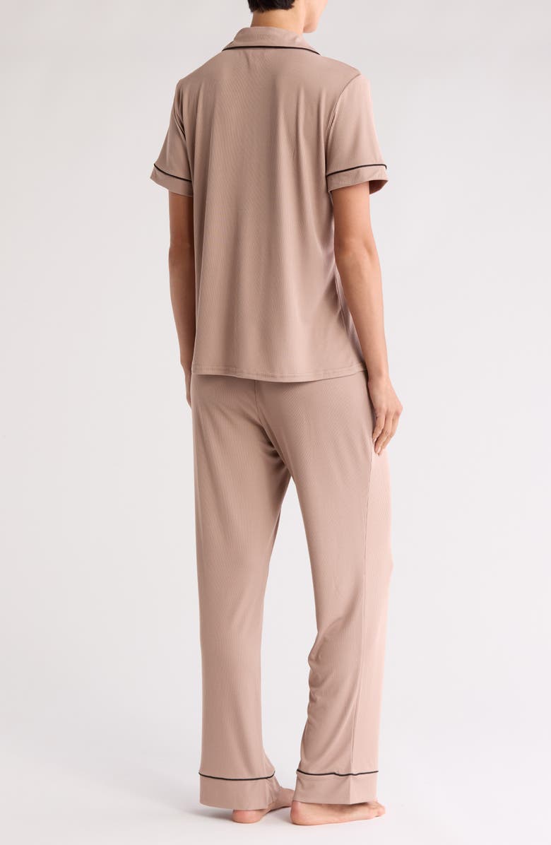 Nicole Miller Ribbed Short Sleeve Top & Pants Pajamas, Alternate, color, Iced Mocha