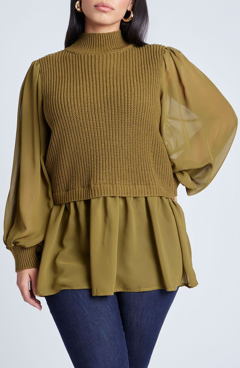 ELOQUII Mixed Media Mock Neck Tunic Sweater, Main, color, 