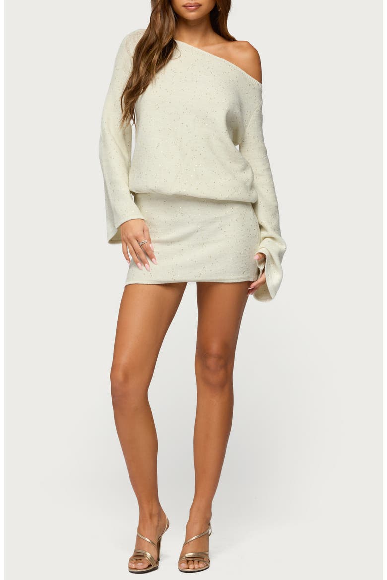 Sequin One-Shoulder Long Sleeve Knit Minidress, Main, color, CREAM
