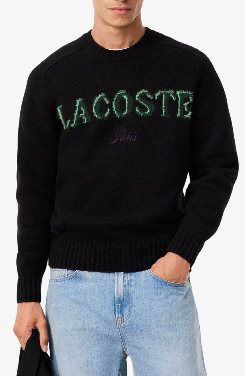 Lacoste Intarsia Logo Wool Crewneck Sweater, Main, color, Black/ Liamone