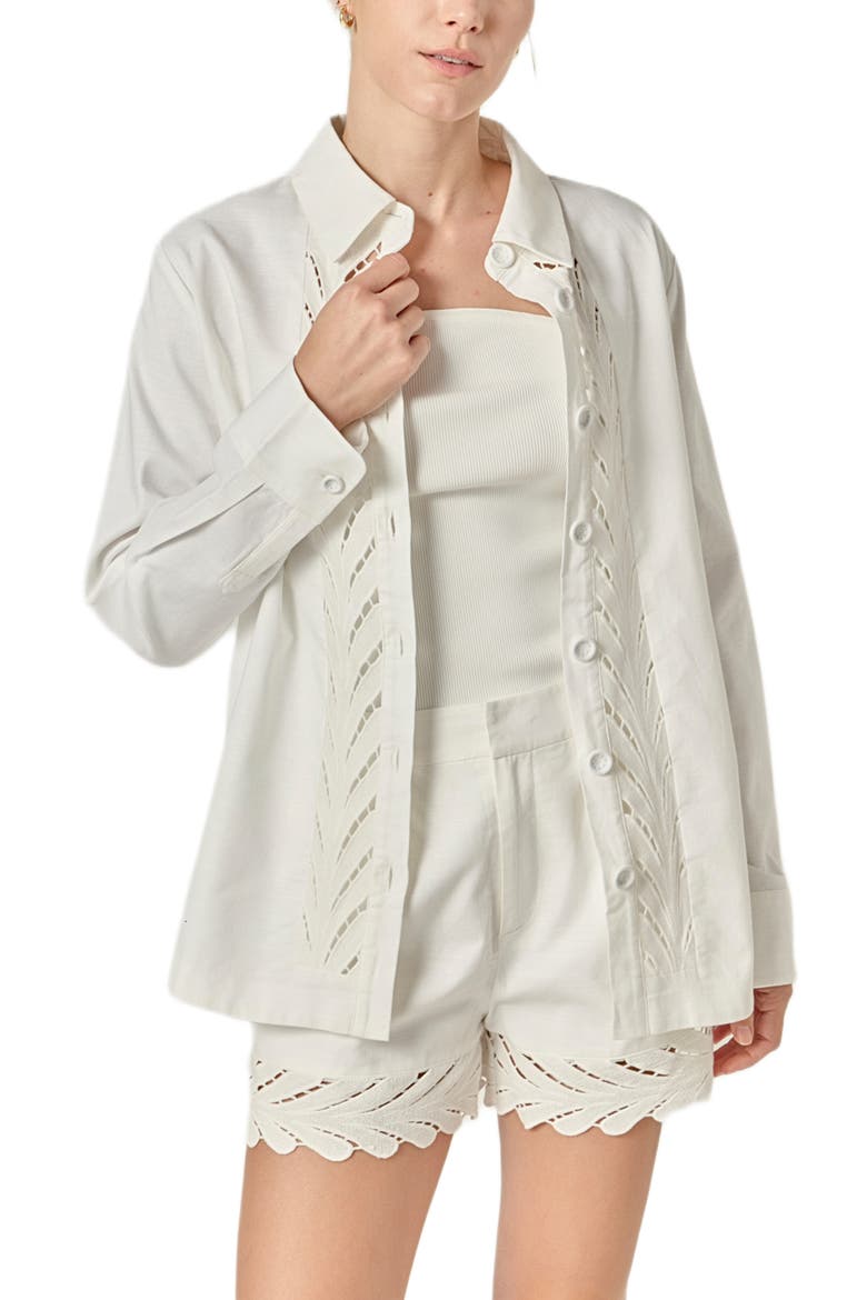 Eyelet Embroidered Oversize Linen & Cotton Button-Up Shirt, Alternate, color, OFF WHITE