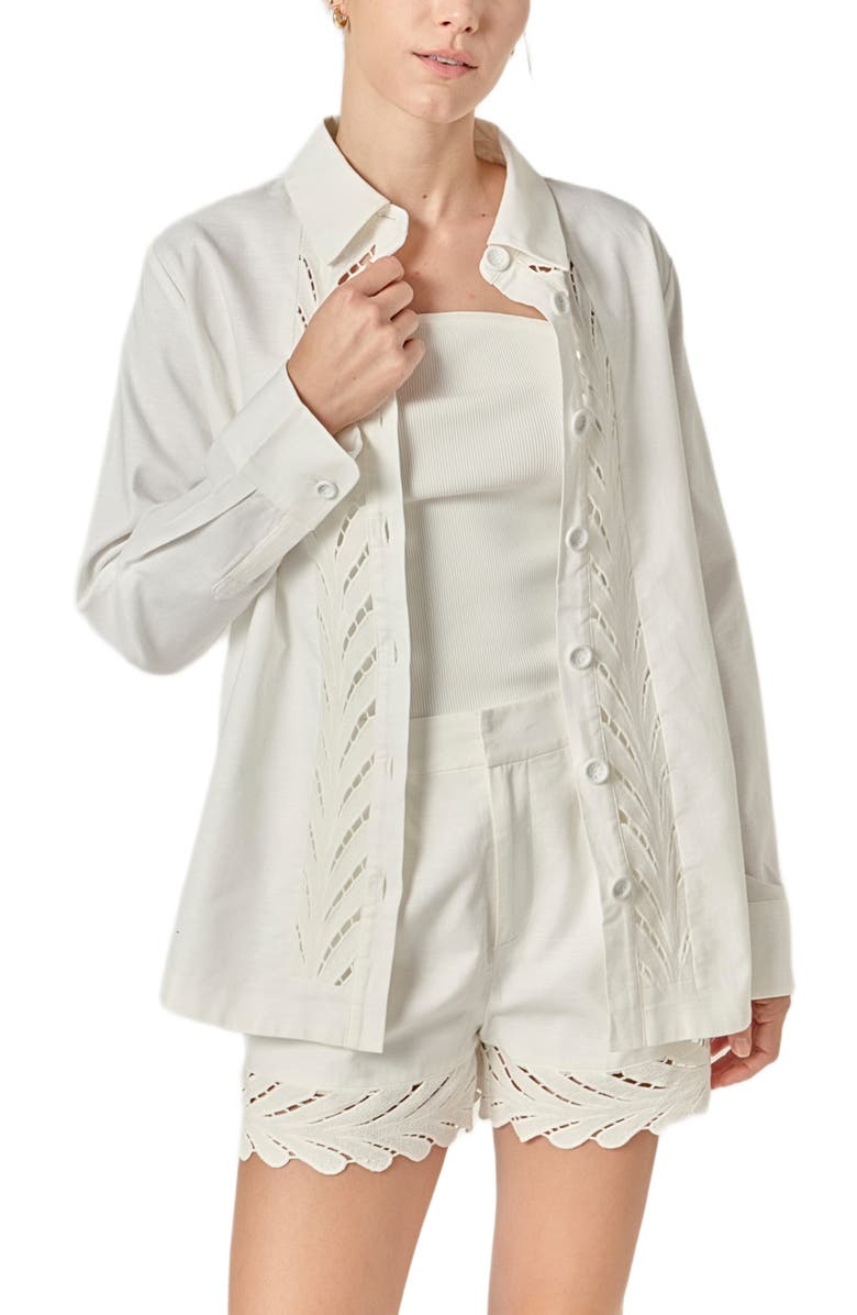 English Factory Eyelet Embroidered Oversize Linen & Cotton Button-Up Shirt, Alternate, color, Off White