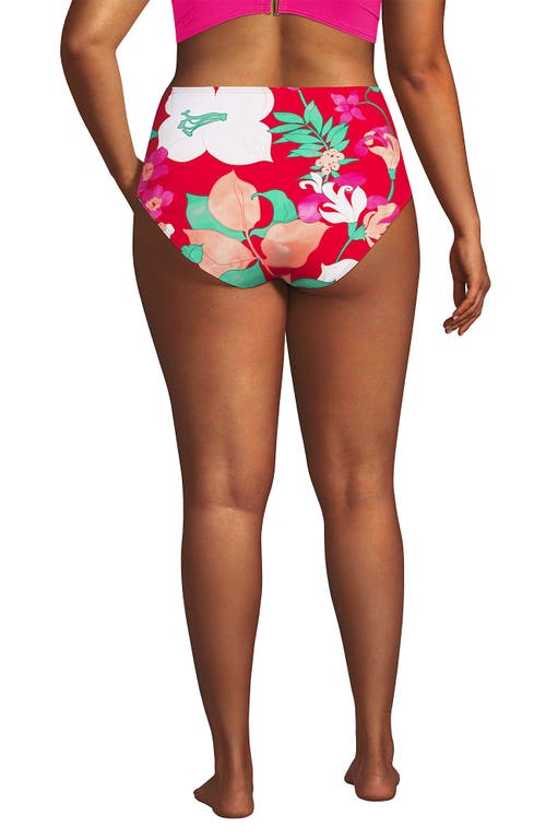 Lands' End Ribbed Smoothing High Waisted Bikini Bottoms In Coral Rose Lilies