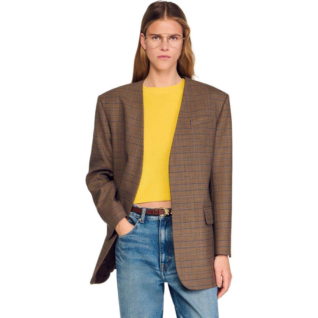Sandro Oversized Checked Jacket In Brown