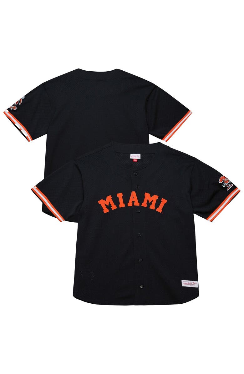 Mitchell & Ness Men's Mitchell & Ness Black Miami Hurricanes On The Clock Full-Button Fashion Jersey, Main, color, 