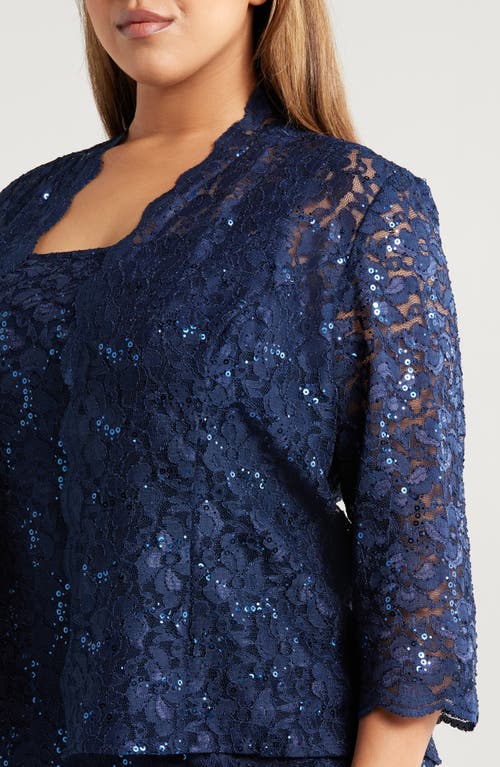 Shop Sl Fashions Slny Floral Lace Sequin Cardigan & Dress Set In Navy