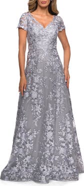 La Femme Long Lace Evening Dress with Cap Sleeves