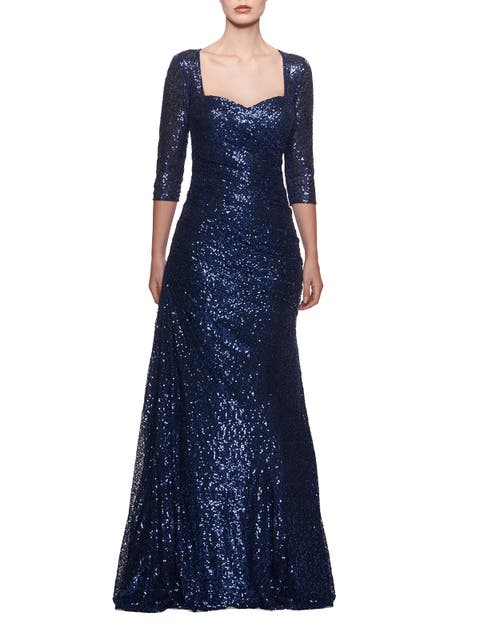 Floor Length Sequin Gown with Ruching and Sleeves