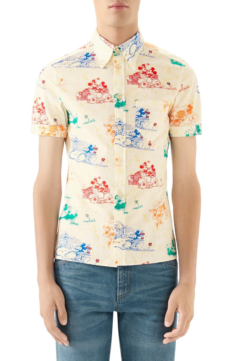 Gucci x Disney Print Cotton Short Sleeve Button-Up Shirt, Main, color, 