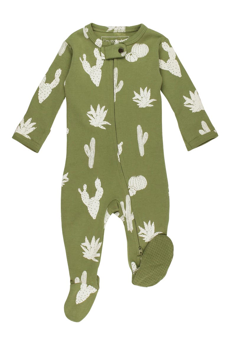 Print Organic Cotton Two-Way Zip Footie, Main, color, SAGE CACTUS