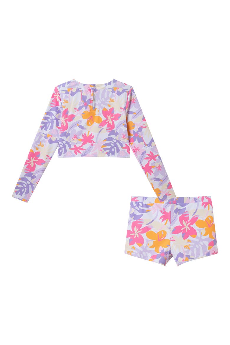Kids' Palm Print Long Sleeve Crop Rashguard Two-Piece Swimsuit, Alternate, color, WHITE PALM