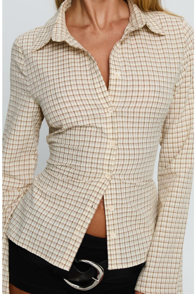 Eryx Check Tie Back Cotton Blend Button-Up Shirt, Alternate, color, APRICOT CHECK