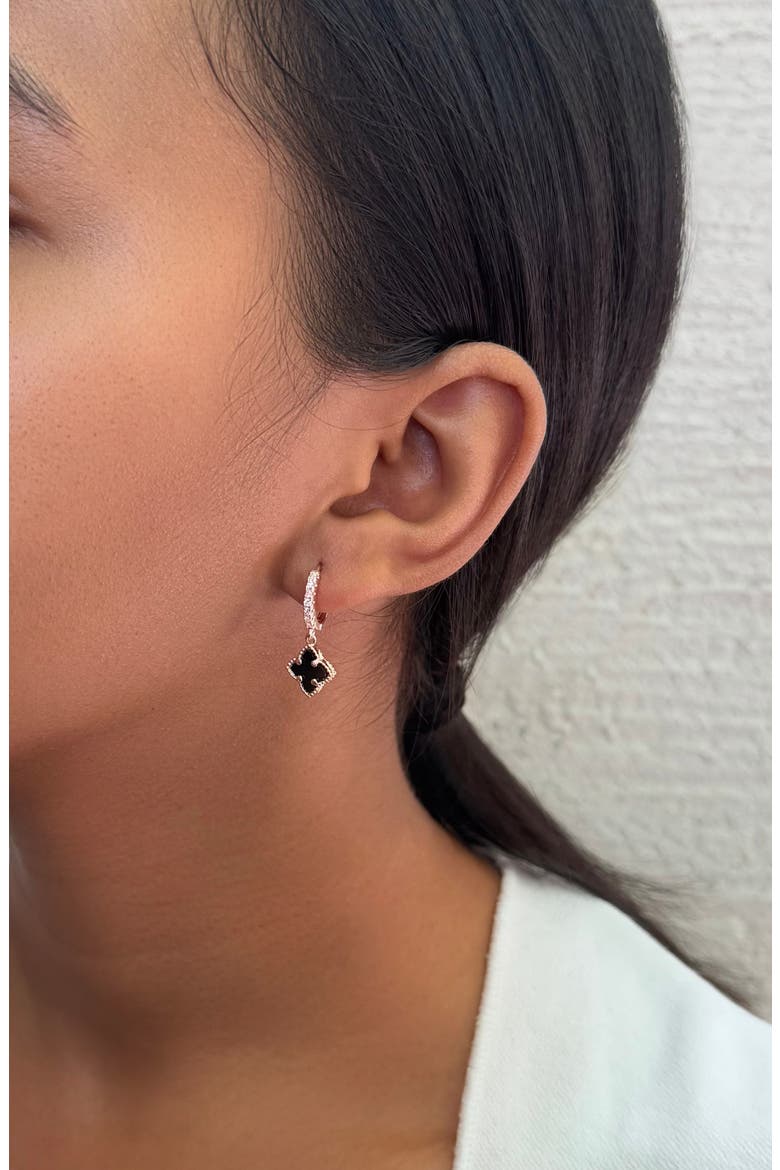 Set of 2 Cubic Zirconia Huggie Hoop & Clover Drop Earrings, Alternate, color, BLACK