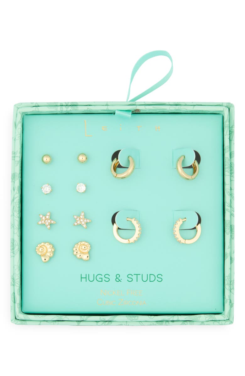Leith Hugs & Studs Set of 6 Cubic Zirconia Sealife Earrings, Main, color, Clear- Gold