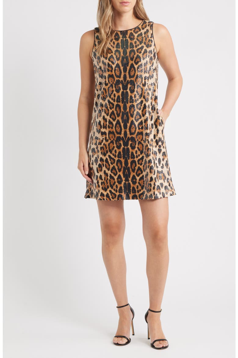 Leopard Sequin Sleeveless Shift Dress, Main, color, BLURRED FLOATING FLORA