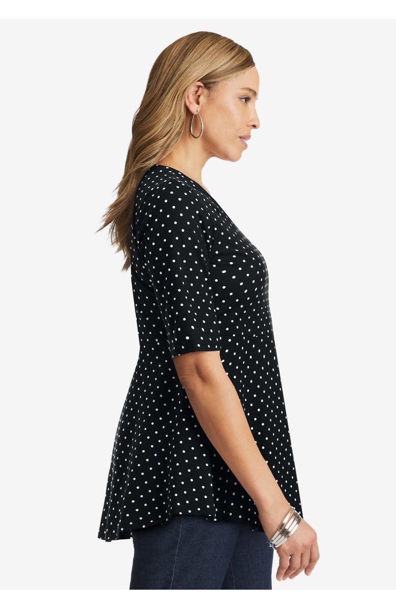 Jessica London Stretch Cotton Peplum Tunic, Alternate, color, Black Ivory Dot
