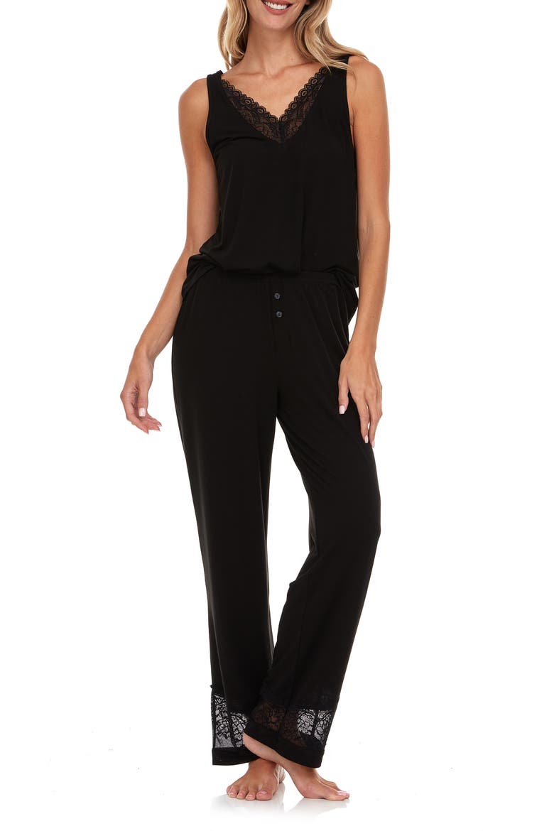 Franny Lace Trim Tank & Pants Pajamas, Alternate, color, BLACK