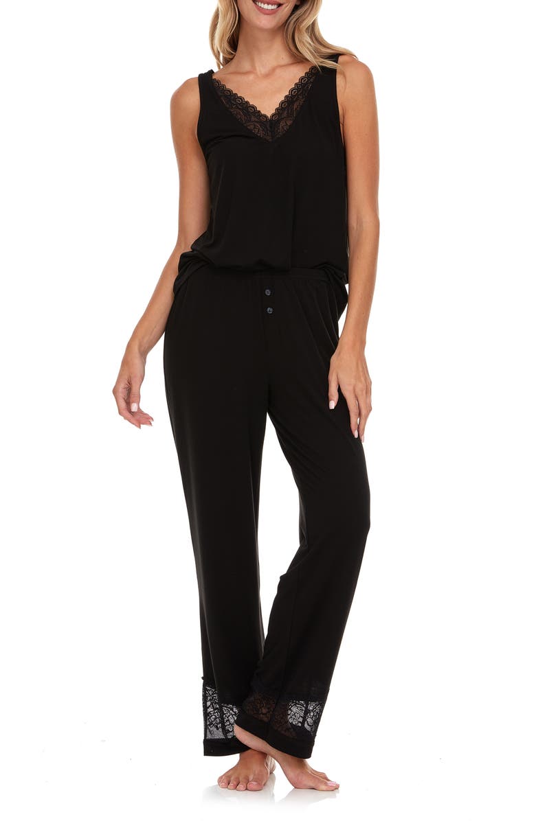 Flora By Flora Nikrooz Franny Lace Trim Tank & Pants Pajamas, Alternate, color, Black