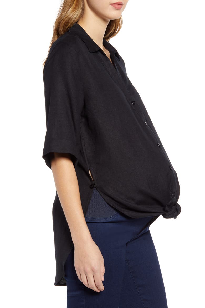 Tie Front Maternity Button-Up Shirt, Alternate, color, BLACK