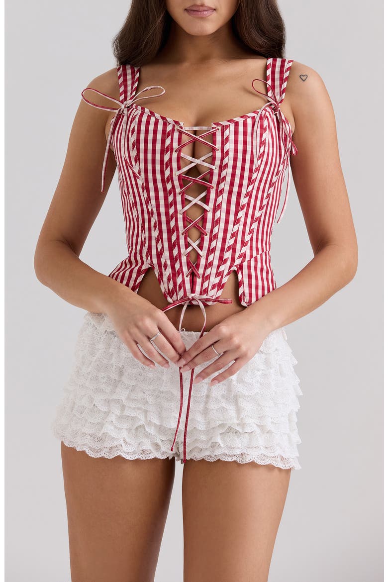Callie Lace-Up Front Corset Top, Main, color, GINGHAM SAVVY RED WHITE SMOKE