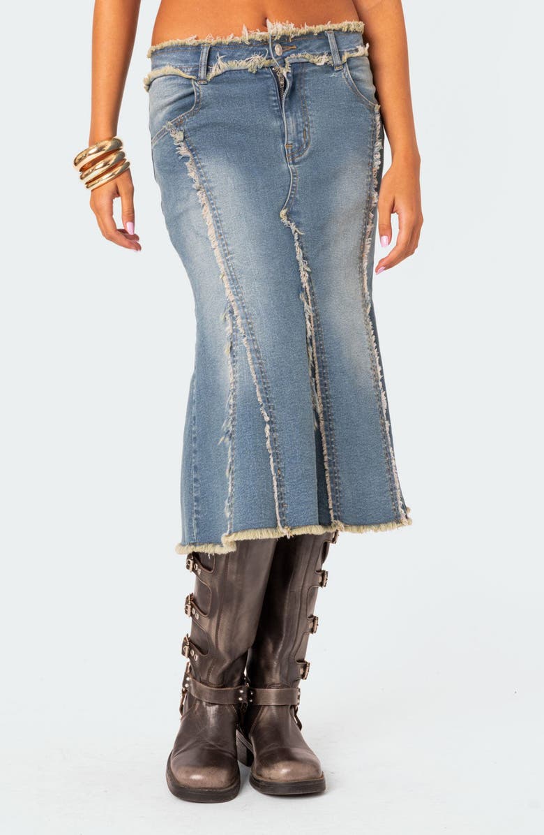 EDIKTED Arabella Distressed Denim Midi Skirt, Main, color, 