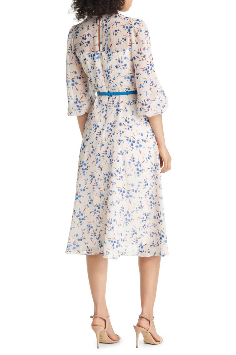 Floral Print Belted Midi Dress, Alternate, color, IVORY