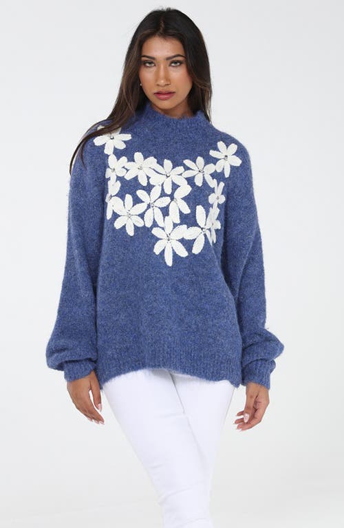 Rain And Rose Rhinestone Embellished Floral Turtleneck Sweater In Blue