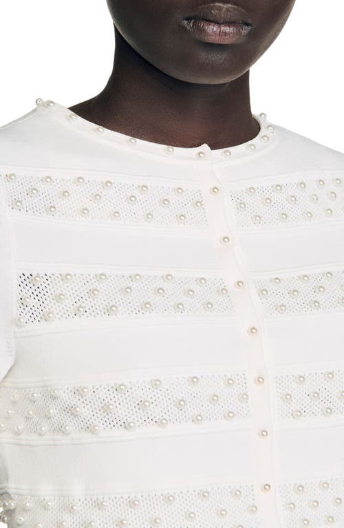 Sandro Womens Ecru Beaded Cropped Knitted Cardigan In White
