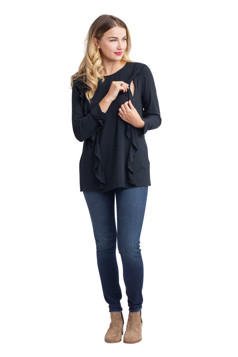 Fiona Ruffle Trim Maternity/Nursing Top, Alternate, color, BLACK