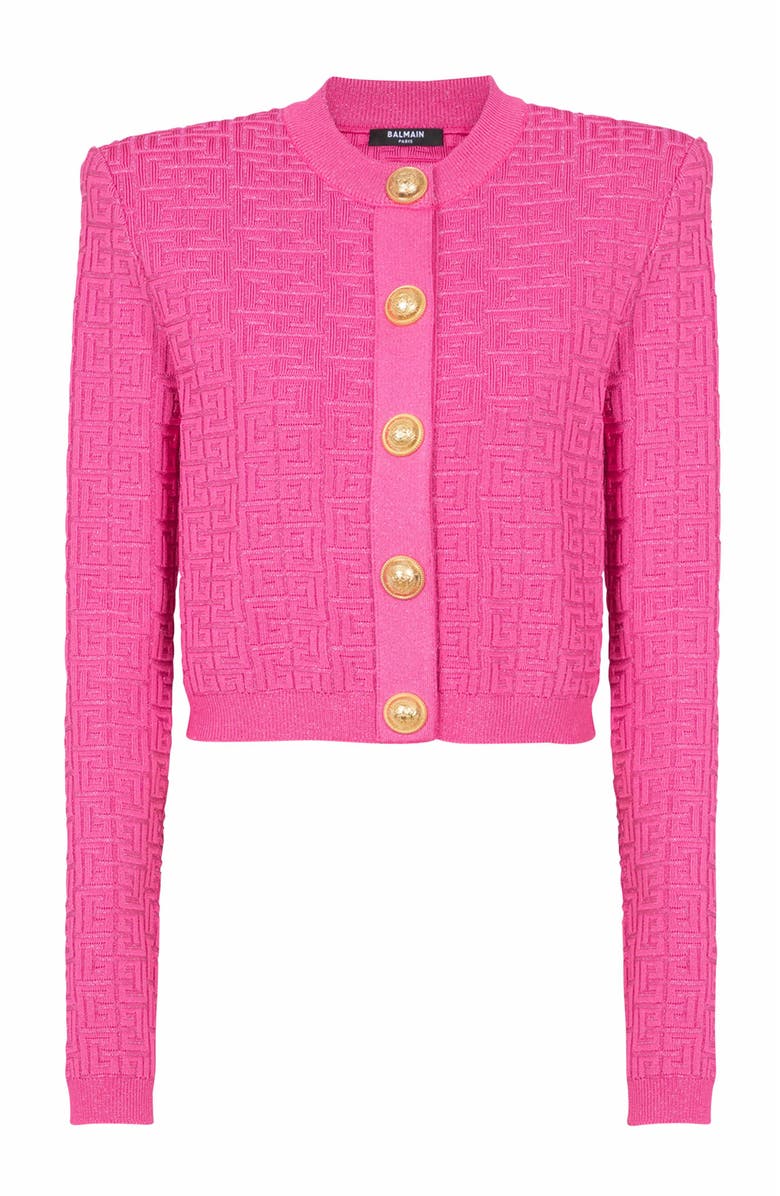 Balmain Cropped Monogrammed Knit Cardigan, Alternate, color, Pink