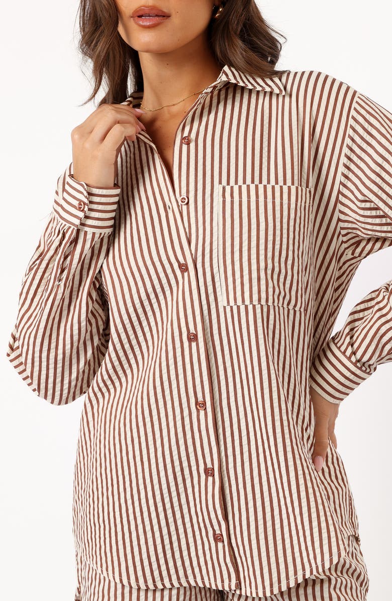 Petal & Pup Kennie Stripe Cotton Blend Seersucker Button-Up Shirt, Alternate, color, Brown Stripe