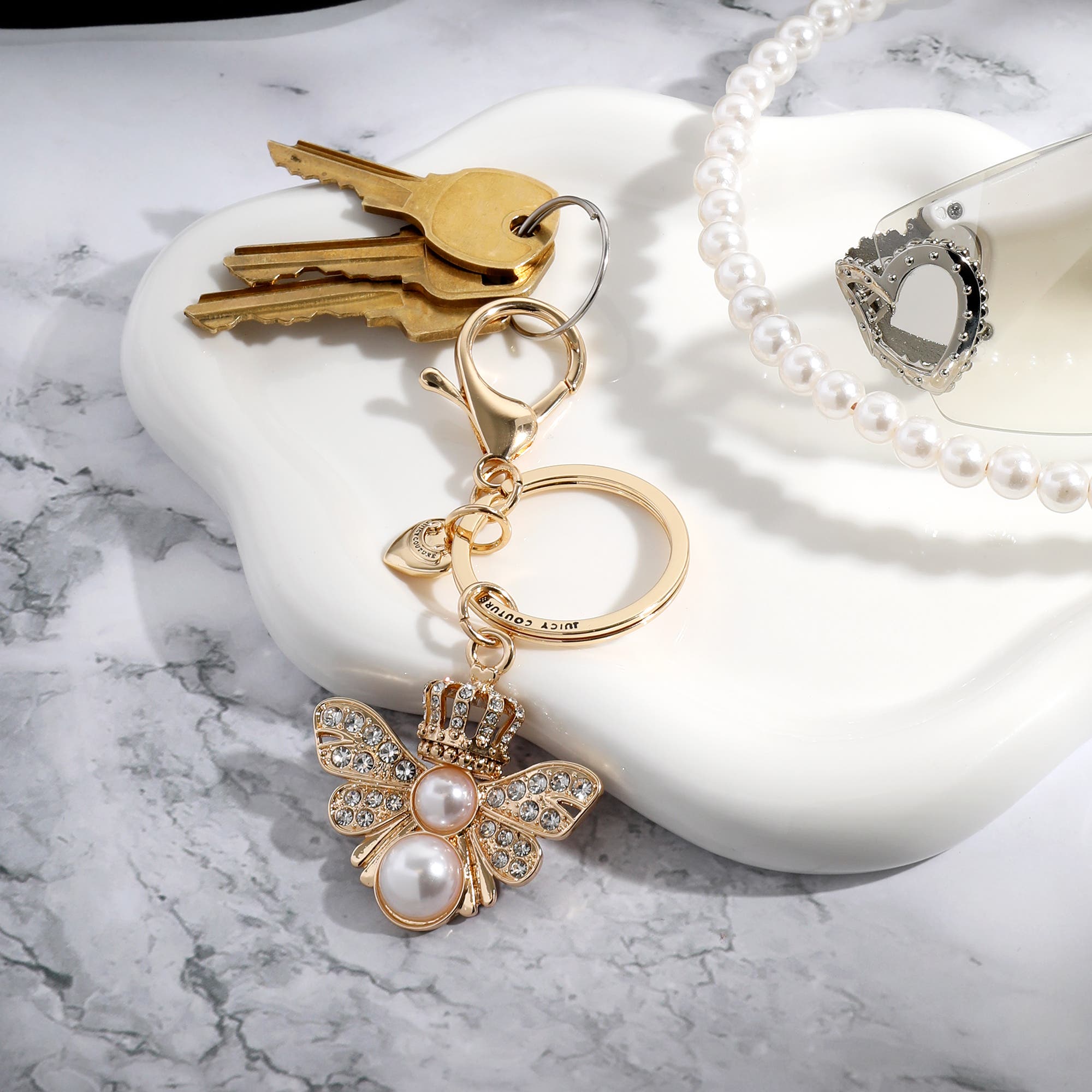 Juicy Couture Regal Bee Pearl Charm Keychain, Alternate, color, Gold