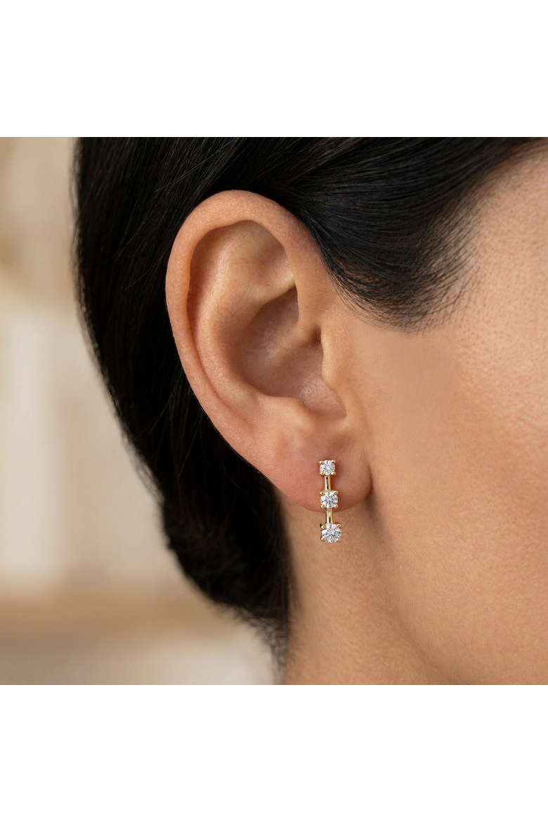1Ct Three Stone Drop Earrings 10k Gold Lab Grown 5/8" Tall Push Back, Alternate, color, 10k White Gold