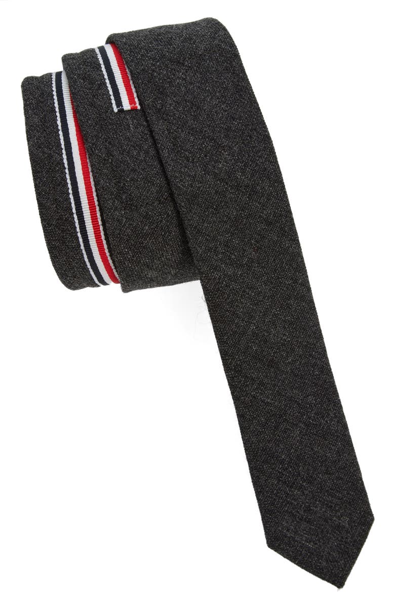 Thom Browne Grosgrain Trim Wool Tie, Main, color, Dark Grey