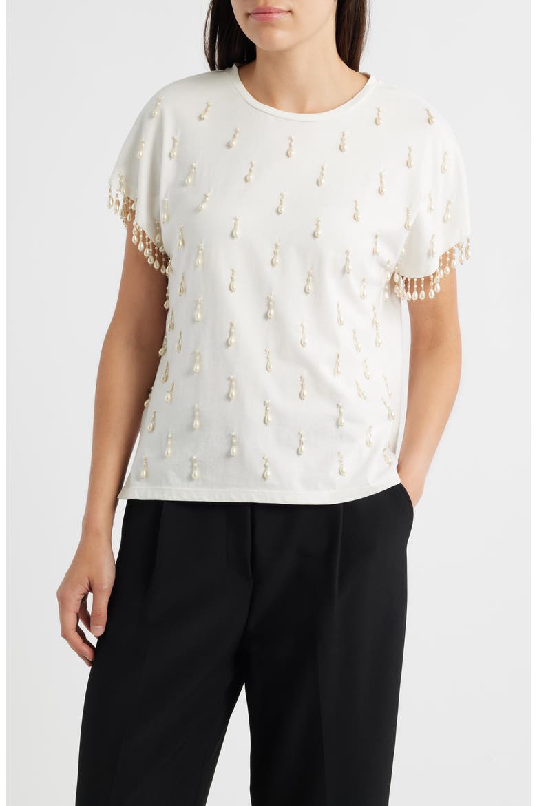 Carmel Faux Pearl Accent Cotton T-Shirt, Main, color, IVORY